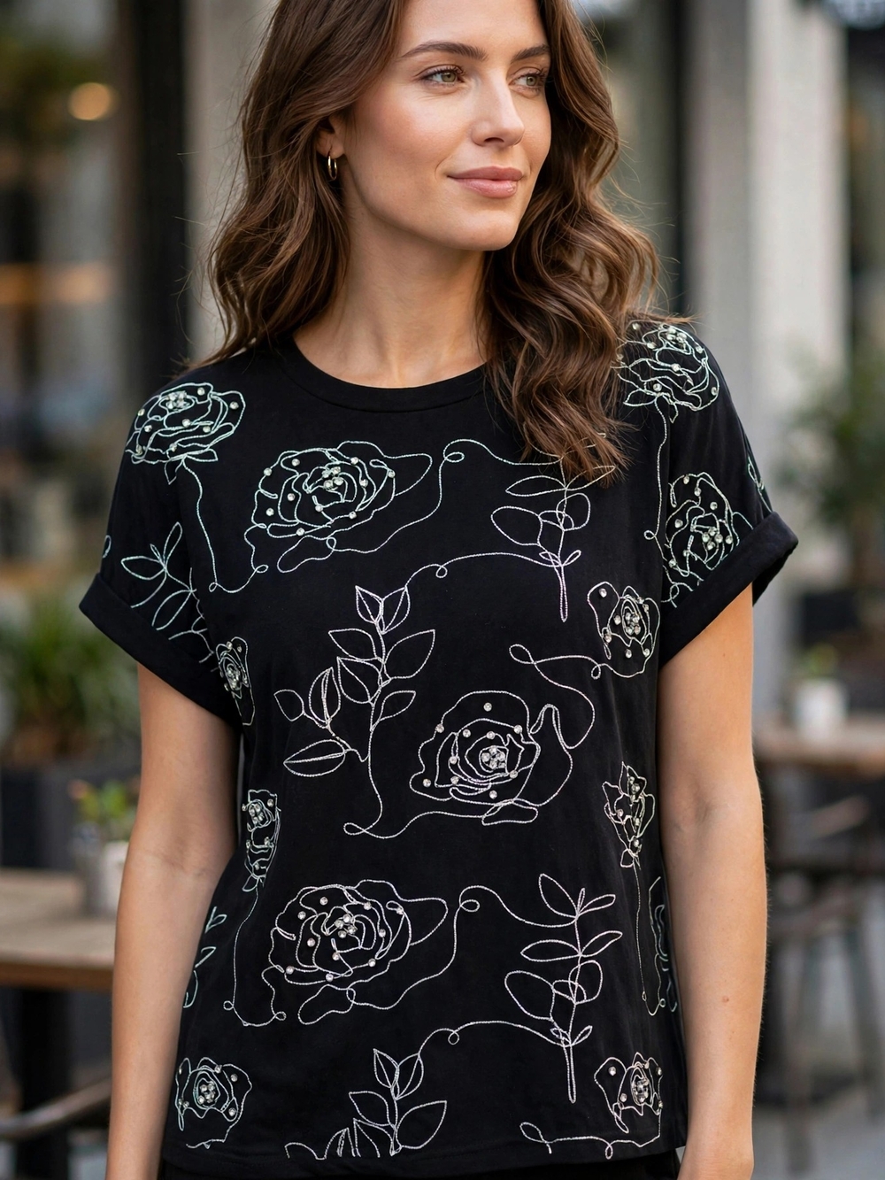 Black Floral Line-Art Tee